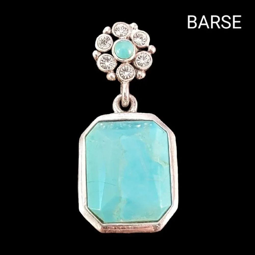Barse Blue Green Turquoise CZ Flower Drop Emerald Shape Sterling Silver Pendant